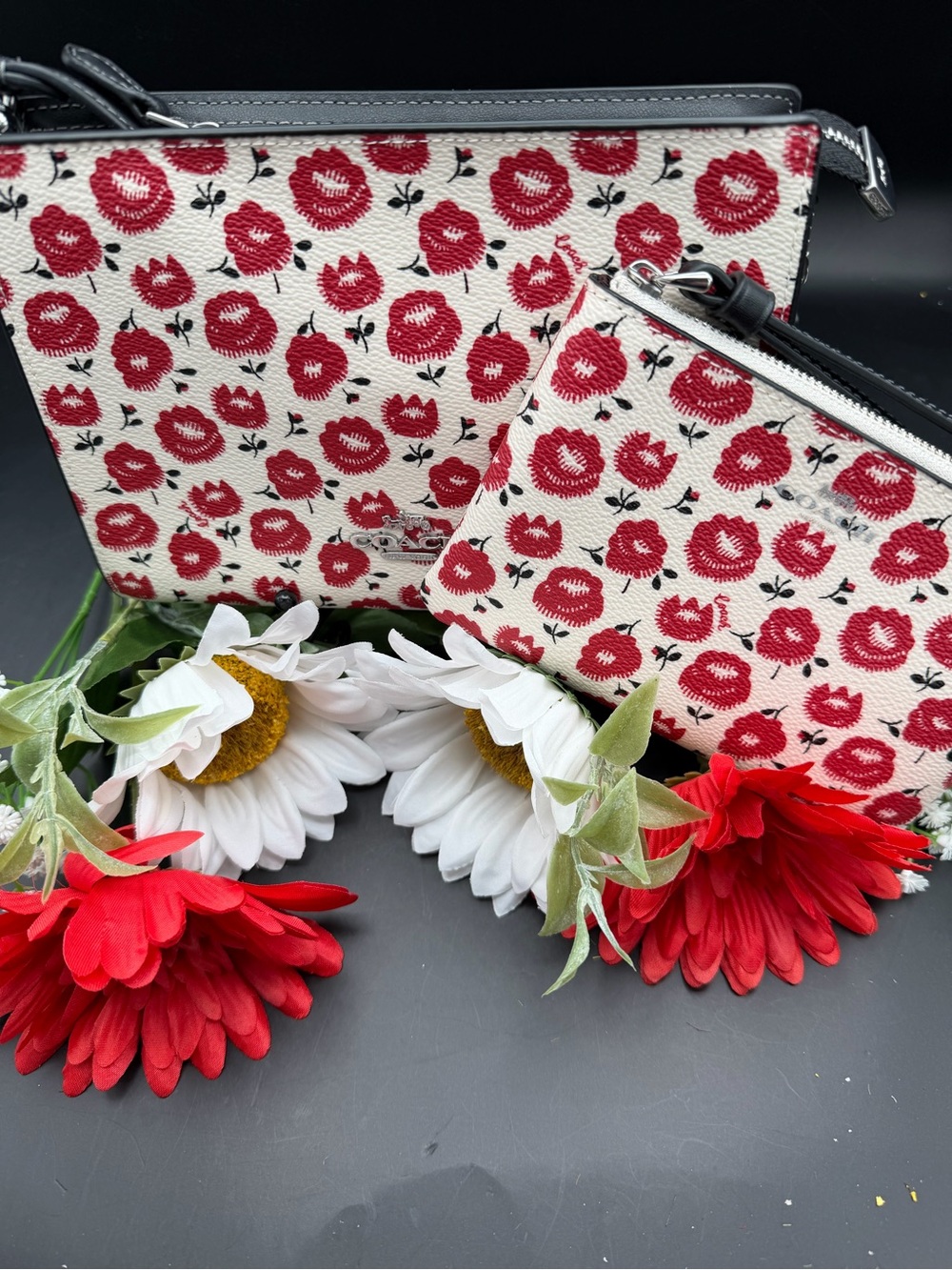 Coach Red Floral Pattern Slim Crossbody Bag & Wristlet– White & Red
